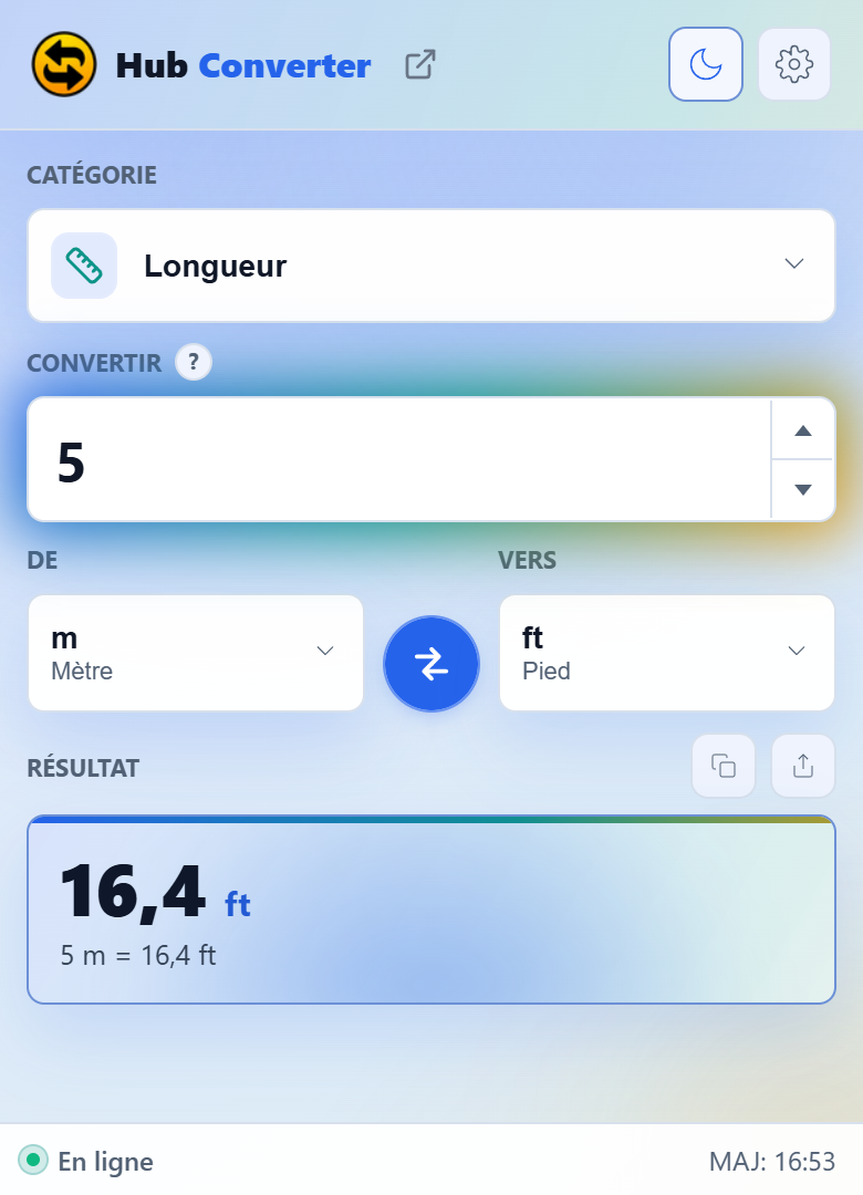 La même conversion de longueur en mode clair.