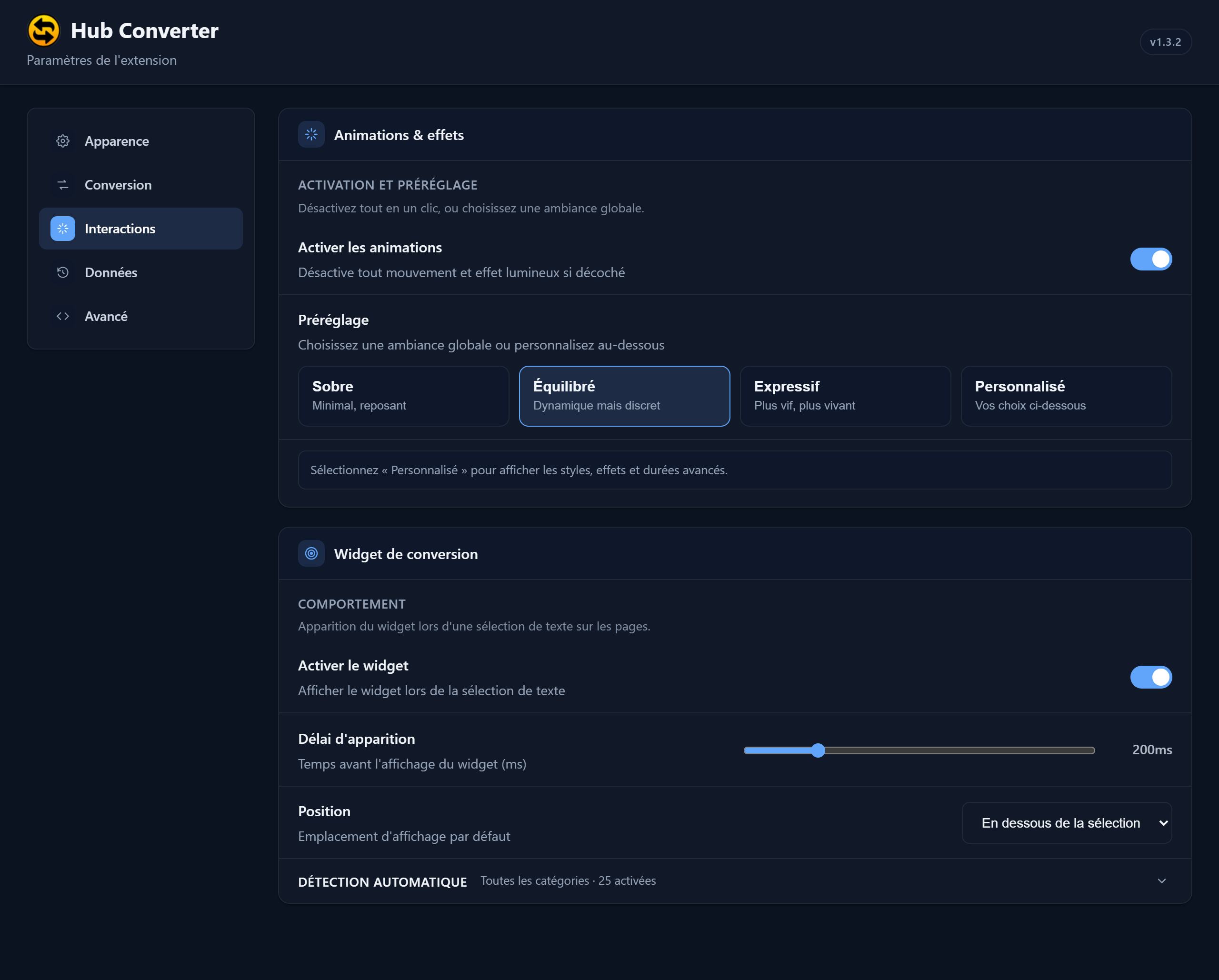 Animations et comportement du widget de conversion.