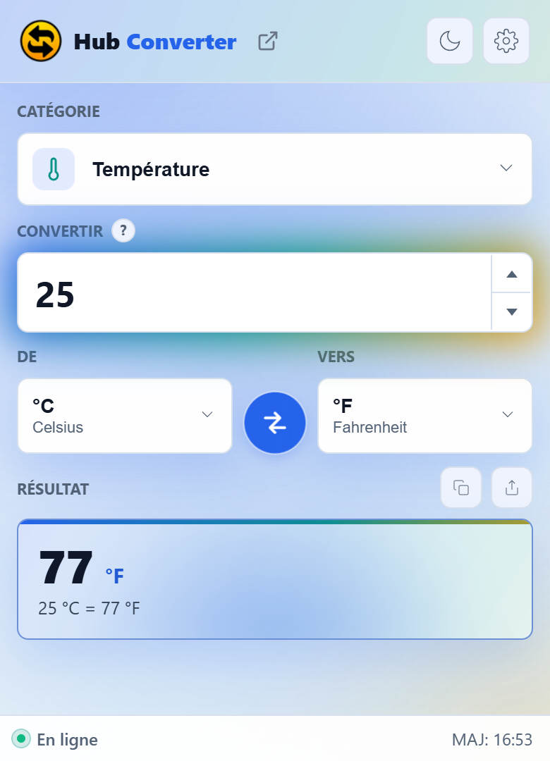 Conversion de 25 °C en 77 °F, en mode clair.